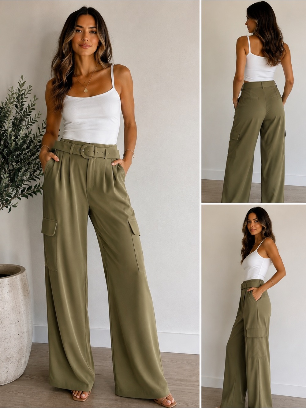 Express Olive Green Belted Wide Leg Cargo Pants Size 2R